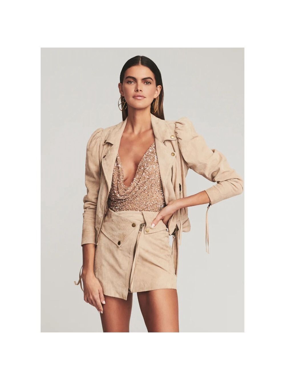 Women's Retrofête Tai Beige Suede Biker Jacket with Puffed Sleeves